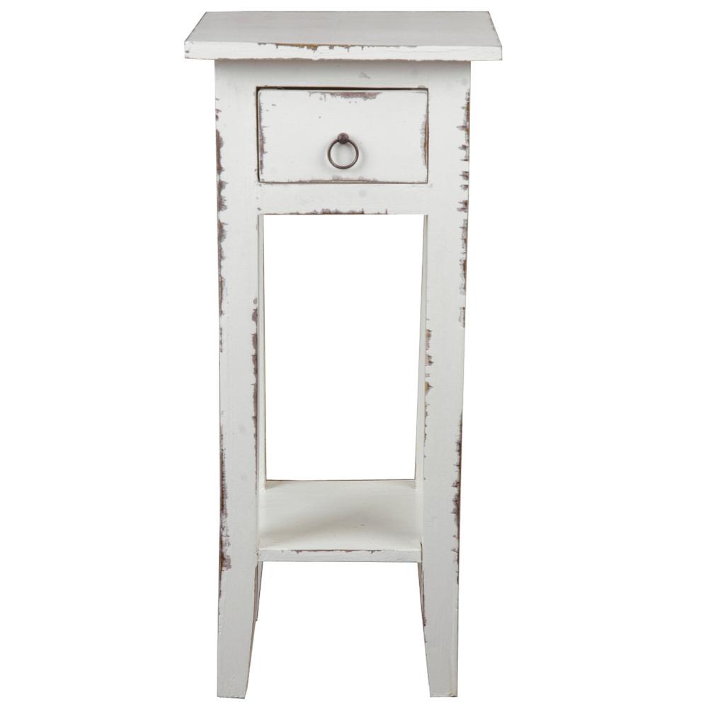 Shabby Chic Cottage 11.8 in. Light Distressed Whitewash Square Solid Wood End Table with 1 Drawer. Picture 1