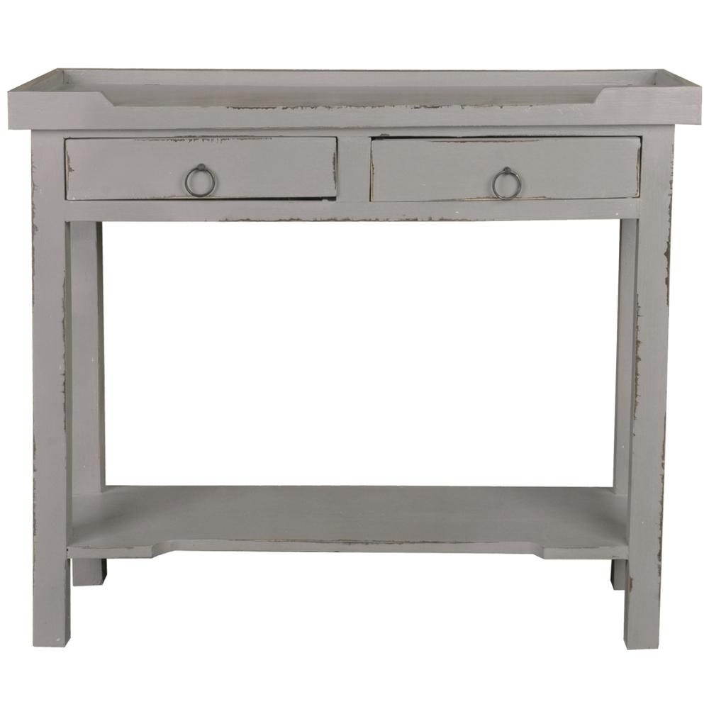 Shabby Chic Cottage 36.3 in. Distressed Gray Rectangle Solid Wood Console Table with 2 Drawers. Picture 1