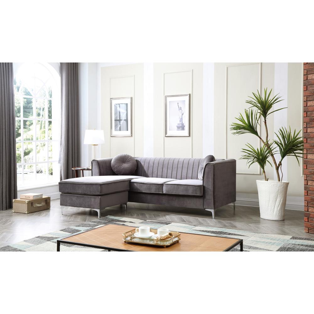 Delray 87 in. Gray Velvet L-Shape 3-Seater Sectional Sofa with 2-Throw Pillow. Picture 5