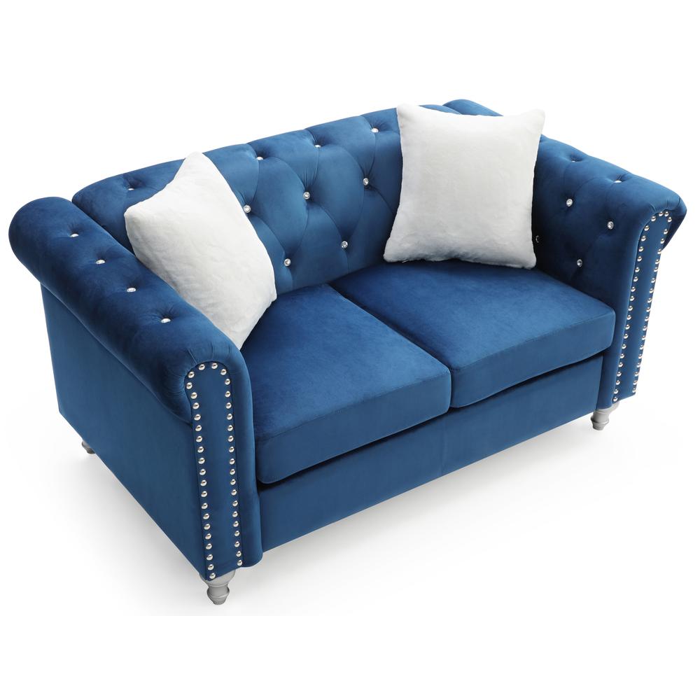 Raisa 60 in. Navy Blue Velvet 2-Seater Sofa with 2-Throw Pillow. Picture 3