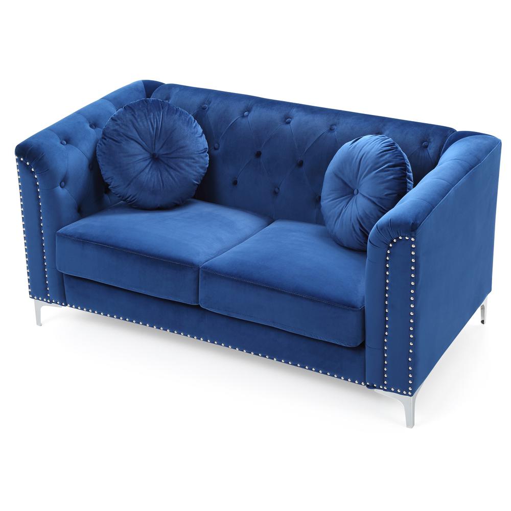 Pompano 62 in. Navy Blue Velvet 2-Seater Sofa with 2-Throw Pillow. Picture 3