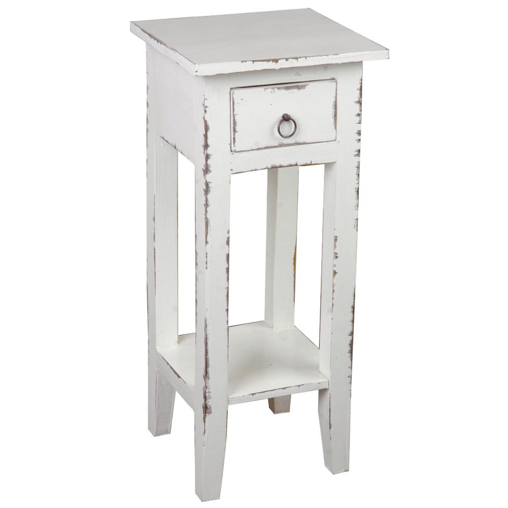 Shabby Chic Cottage 11.8 in. Light Distressed Whitewash Square Solid Wood End Table with 1 Drawer. Picture 2