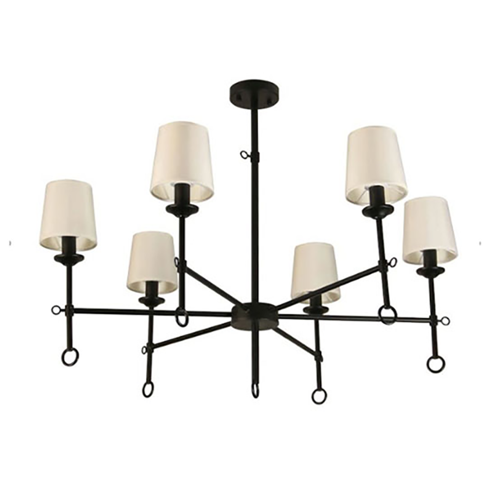 6-Shade Chandelier Light, Bamboo Lampshades and Matte Black Steel Supports. The main picture.