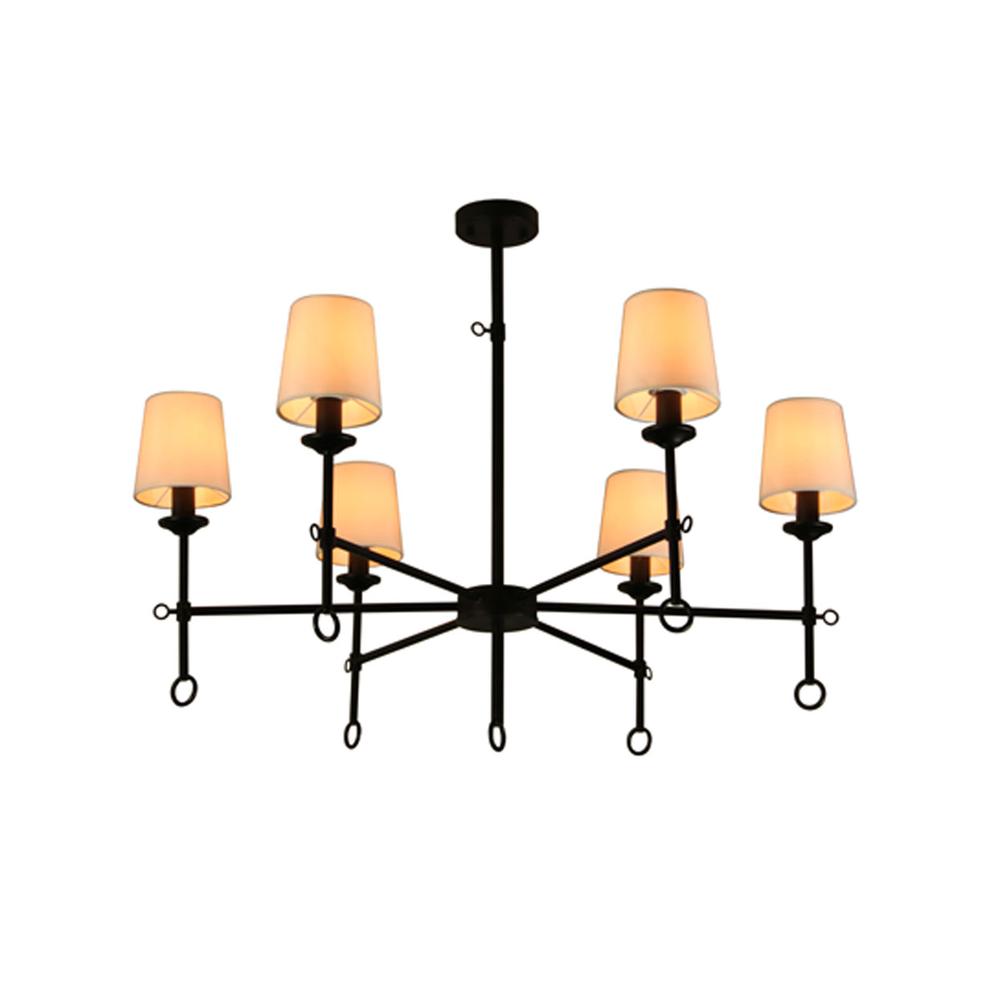 6-Shade Chandelier Light, Bamboo Lampshades and Matte Black Steel Supports. Picture 3