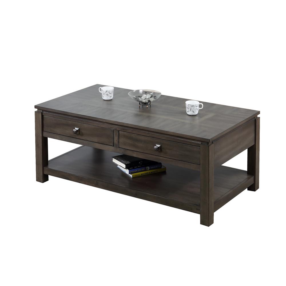 Shades of Gray 50 in. Weathered Grey Rectangular Solid Wood Coffee Table with 2 Drawers. Picture 3