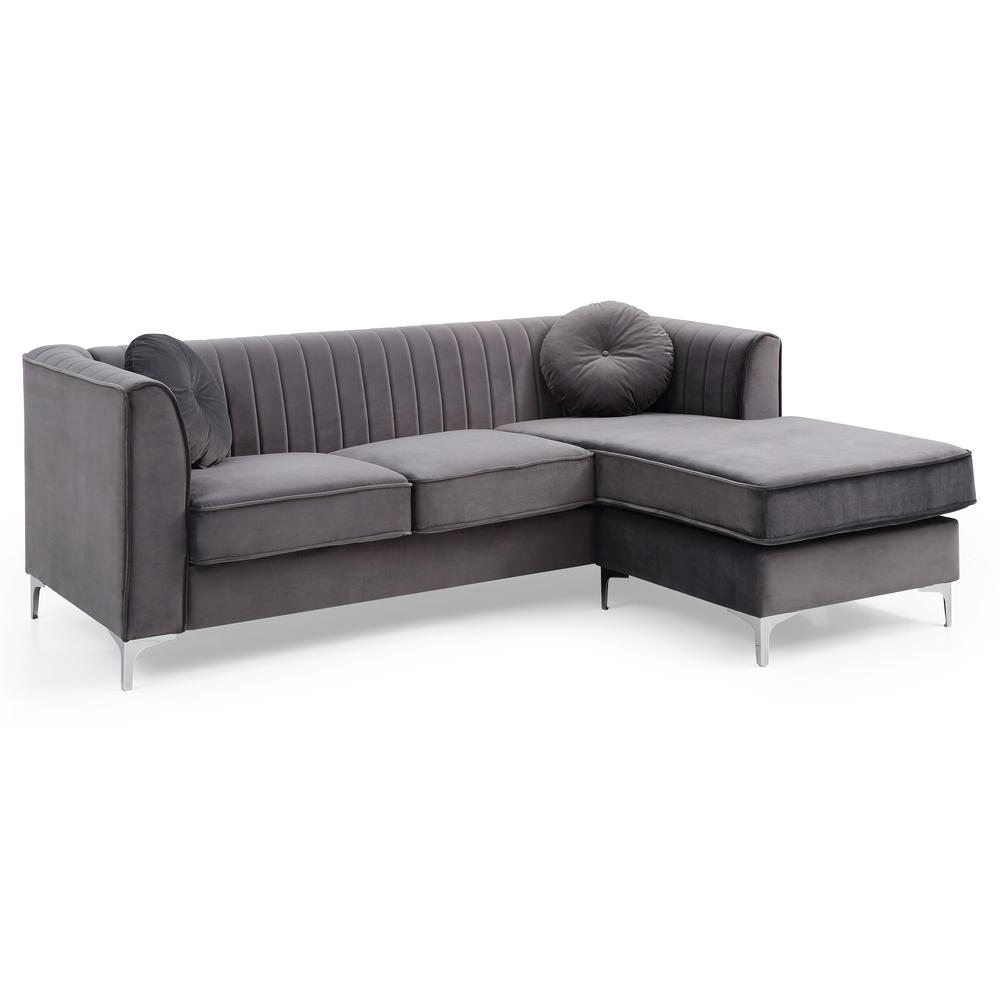 Delray 87 in. Gray Velvet L-Shape 3-Seater Sectional Sofa with 2-Throw Pillow. Picture 1