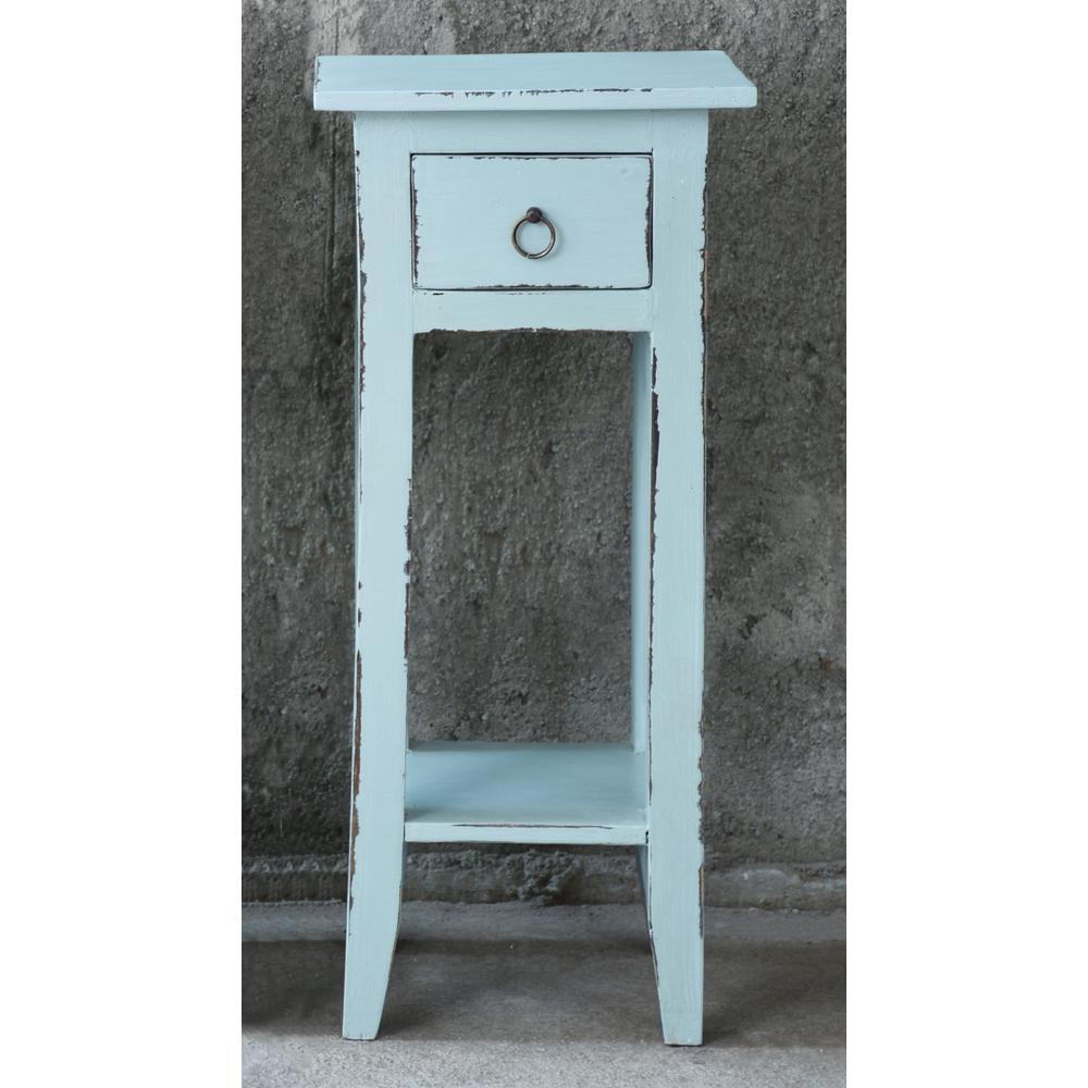 Shabby Chic Cottage 11.8 in. Sky Blue Square Solid Wood End Table with 1 Drawer. Picture 5