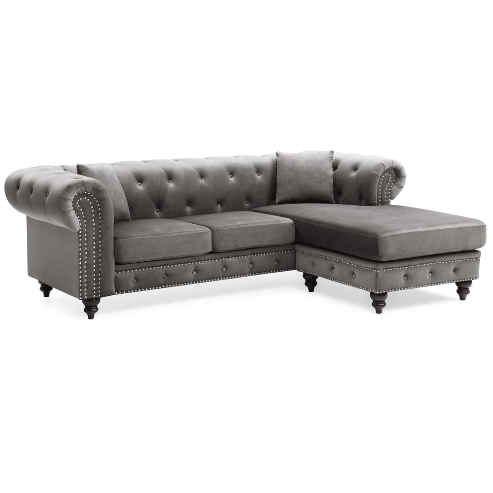 Nola 98 in. Dark Gray Velvet L-Shape 3-Seater Sofa with 2-Throw Pillow. The main picture.