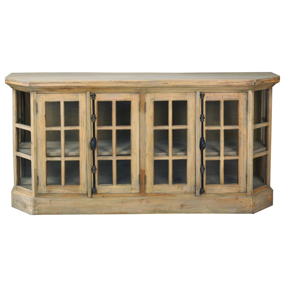Shabby Chic Cottage 77 in. Driftwood Brown Solid Wood Buffet with Window Pane Glass Door Display. Picture 1