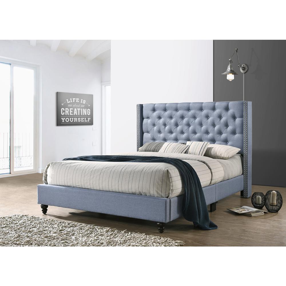 Julie Blue Tufted Upholstered Low Profile Queen Panel Bed. Picture 3