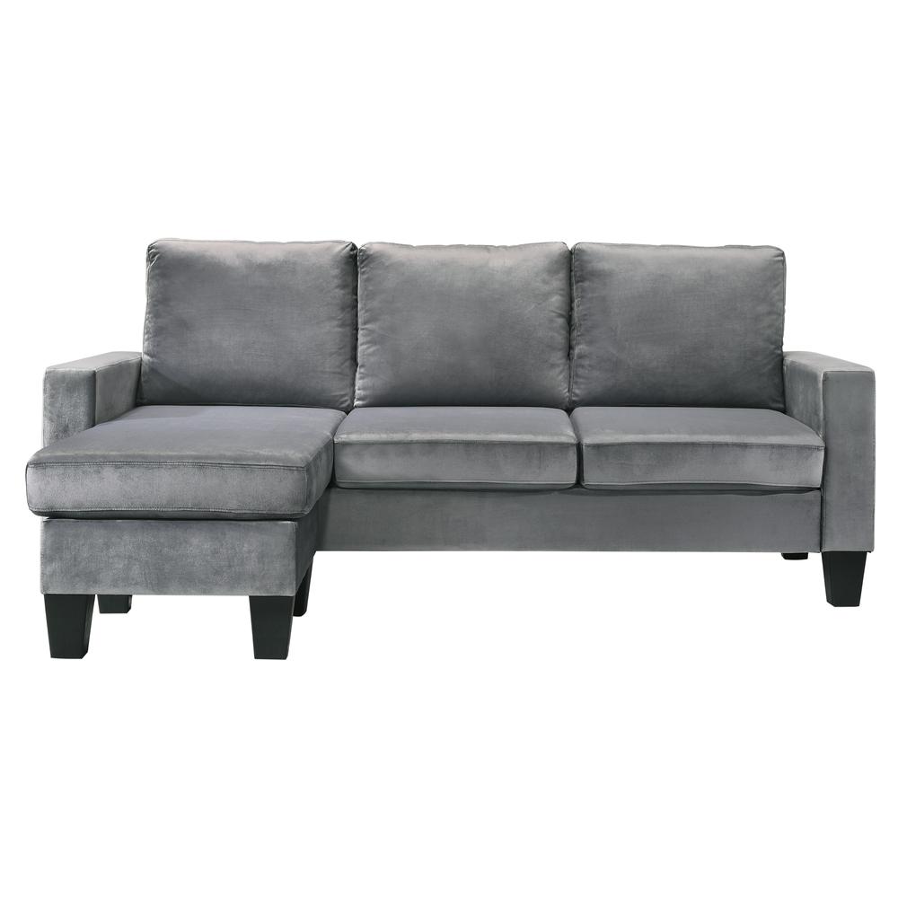 Jessica 77 in. W Flared Arm Velvet L Shaped Sofa in Gray. Picture 1
