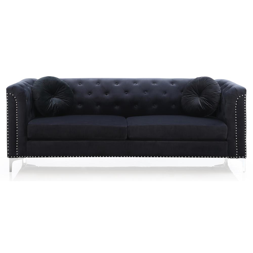 Pompano 83 in. Black Tufted Velvet Loveseat with 2-Throw Pillow. Picture 1