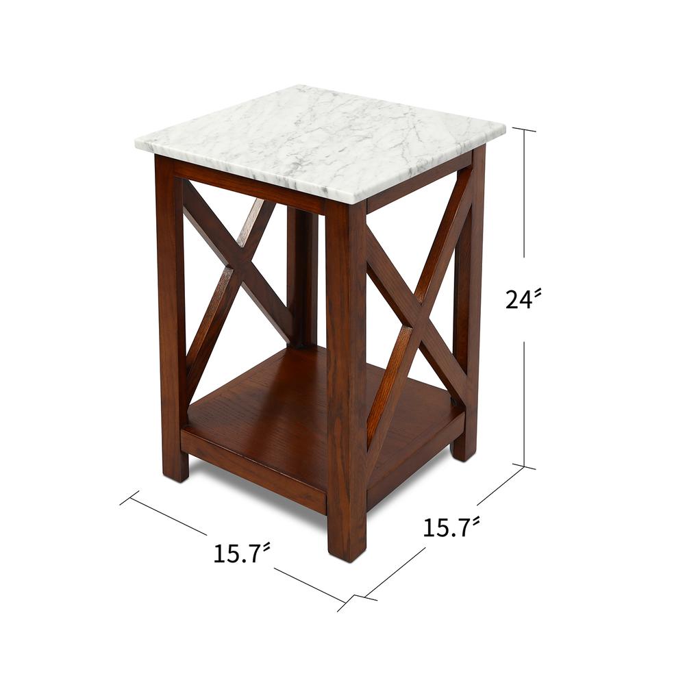 Agatha 15" Square Italian Carrara White Marble Side Table with walnut color solid wood Legs. Picture 6