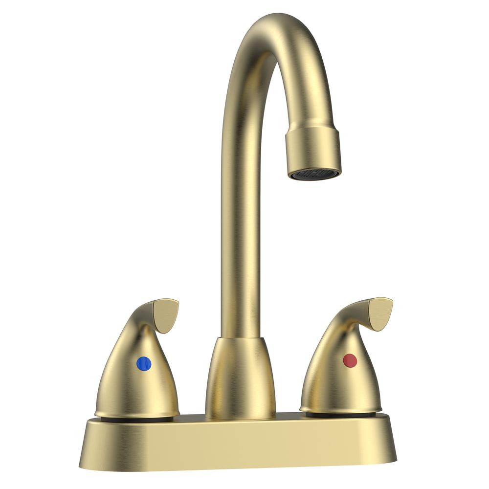 Bianca 4 in. Surface Mounted 2 Handles Bathroom Faucet with Drain Kit Included in Brushed Gold. Picture 1