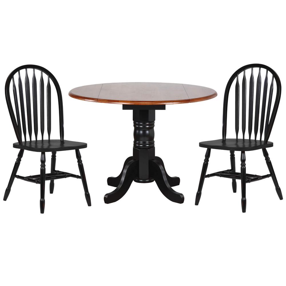 3-Piece Round Wood Top Distressed Antique Black with Cherry Extendable Dining Set. Picture 1