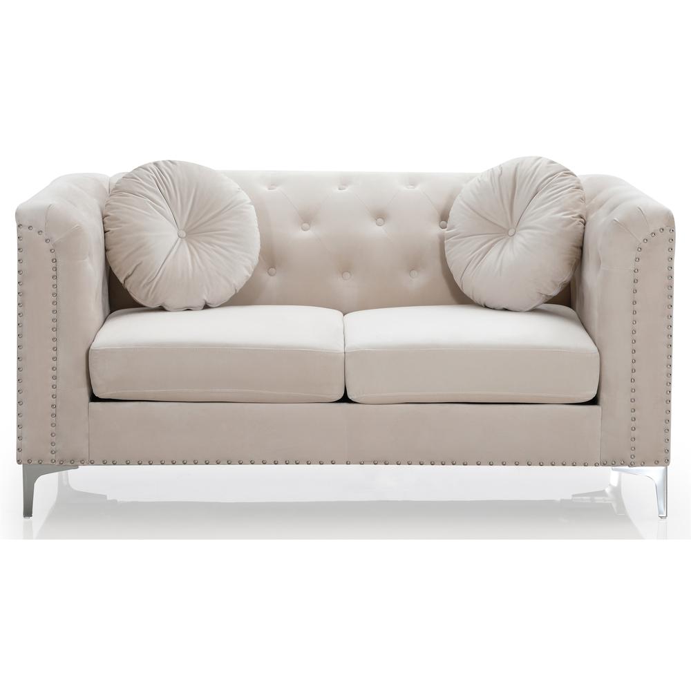 Pompano 62 in. Ivory Tufted Velvet 2-Seater Sofa with 2-Throw Pillow. Picture 1