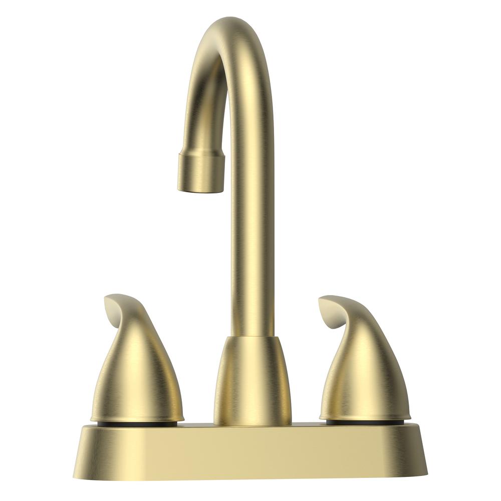 Bianca 4 in. Surface Mounted 2 Handles Bathroom Faucet with Drain Kit Included in Brushed Gold. Picture 5