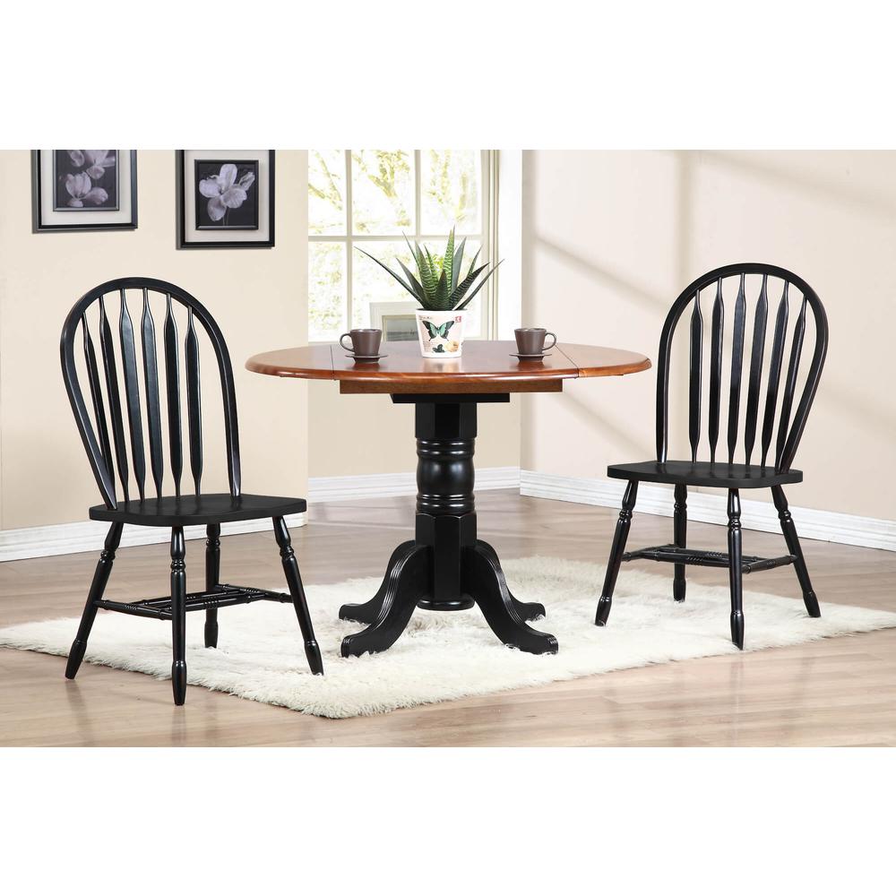 3-Piece Round Wood Top Distressed Antique Black with Cherry Extendable Dining Set. Picture 7