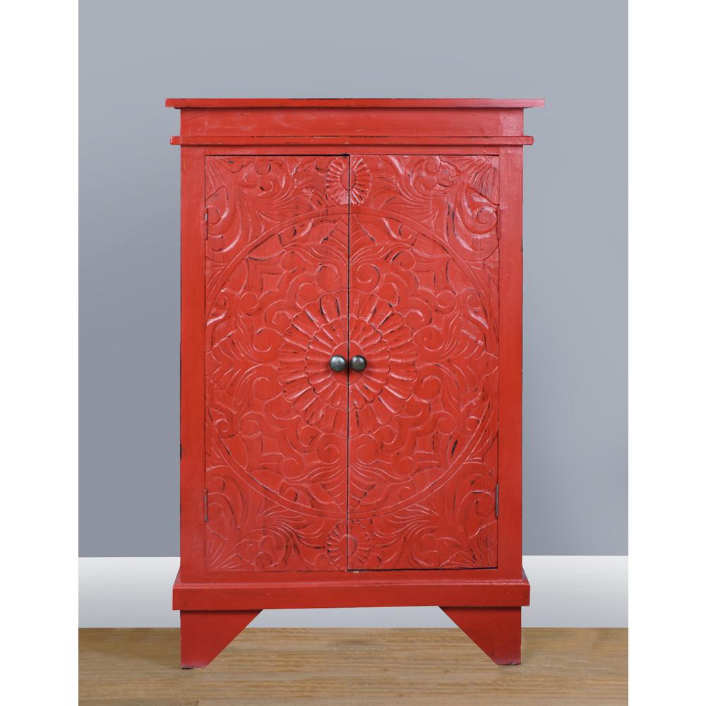 Shabby Chic Cottage Distressed Red Wood Carved Accent Cabinet. Picture 7