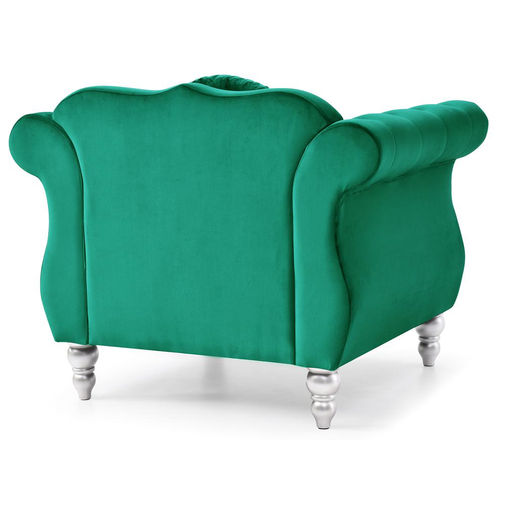 Hollywood Green Chesterfield Tufted Velvet Accent Chair with Round Throw Pillow. Picture 4