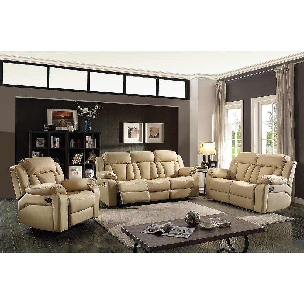 Daria 62 in. W Flared Arm Faux Leather Straight Reclining Sofa in Beige. Picture 6