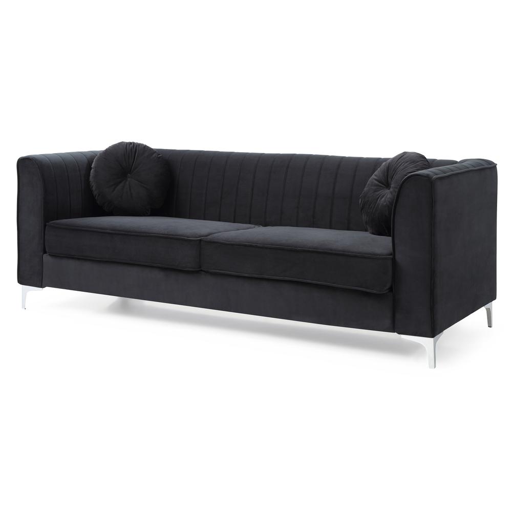 Delray 87 in. Black Velvet 2-Seater Sofa with 2-Throw Pillow. Picture 1