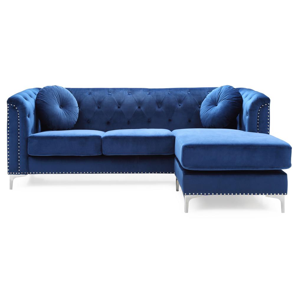 Pompano 83 in. Navy Blue Velvet L-Shape 3-Seater Sofa with 2-Throw Pillow. Picture 2