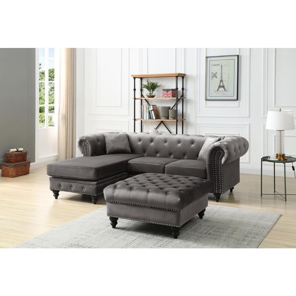 Nola 98 in. Dark Gray Velvet L-Shape 3-Seater Sofa with 2-Throw Pillow. Picture 5
