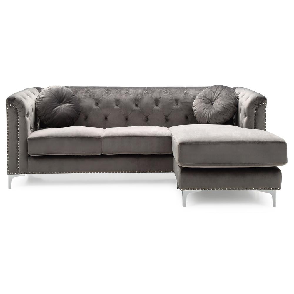 Pompano 83 in. Dark Gray Tufted Velvet Sectional with 2-Throw Pillow. Picture 1