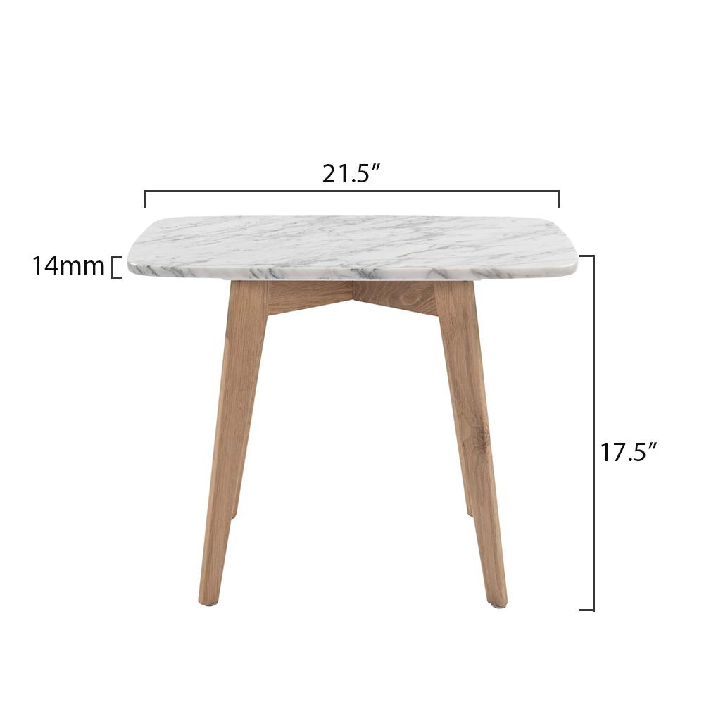 Cima 12" x 21" Rectangular Italian Carrara White Marble Side Table with Oak Legs. Picture 9