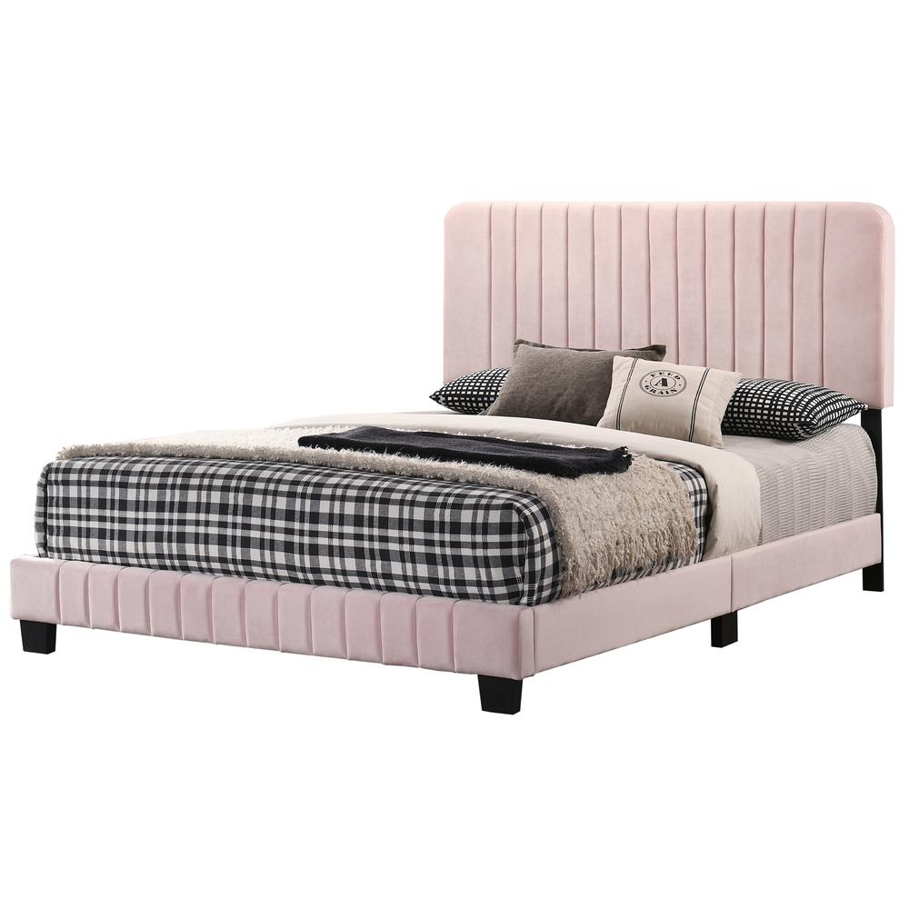 Lodi Pink Velvet Upholstered Channel Tufted Full Panel Bed. Picture 1