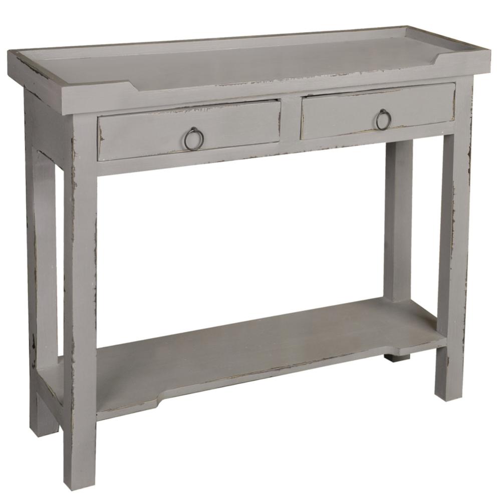 Shabby Chic Cottage 36.3 in. Distressed Gray Rectangle Solid Wood Console Table with 2 Drawers. Picture 2