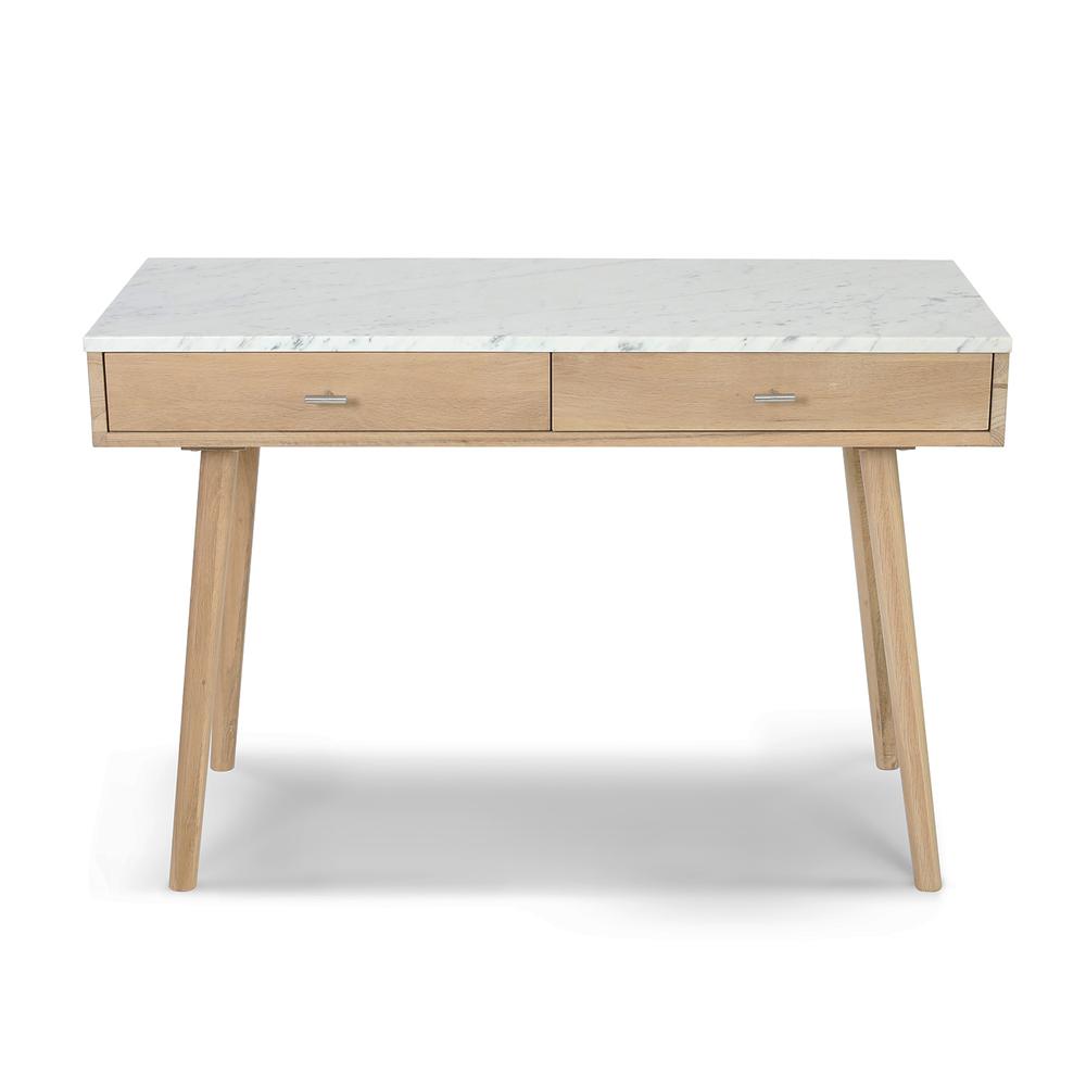 Viola 44" Rectangular Italian Carrara White Marble Writing Desk with Oak Legs. Picture 1
