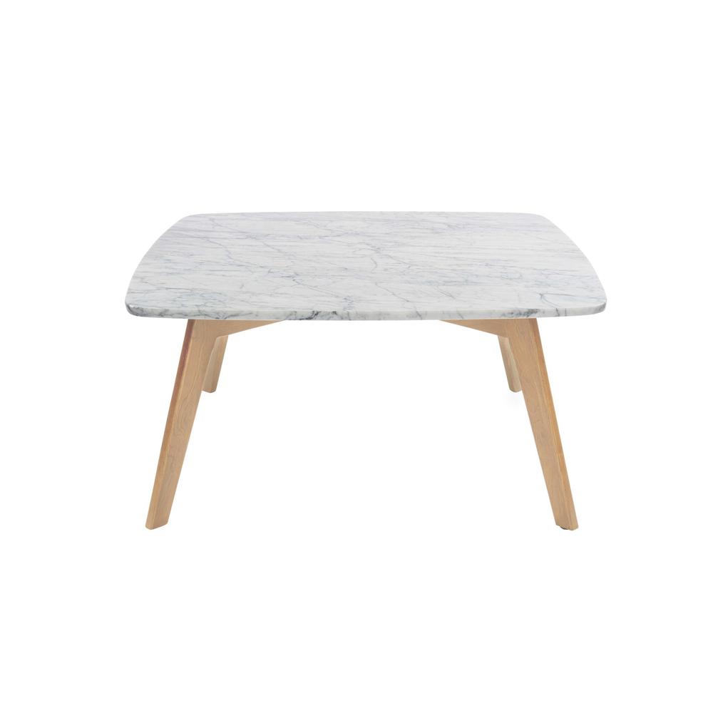 Vezzana 31" Square Italian Carrara White Marble Coffee Table with Oak Legs. Picture 2