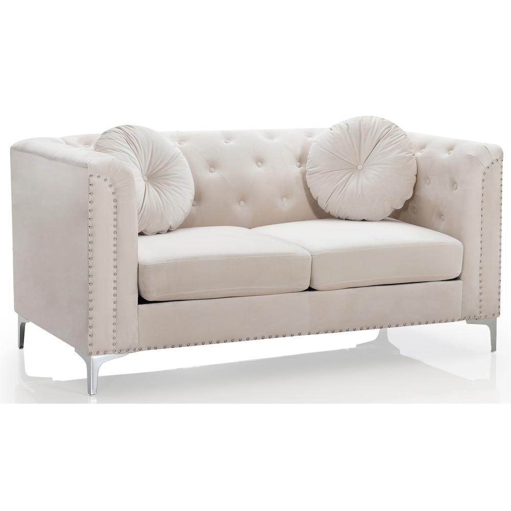 Pompano 62 in. Ivory Tufted Velvet 2-Seater Sofa with 2-Throw Pillow. Picture 2
