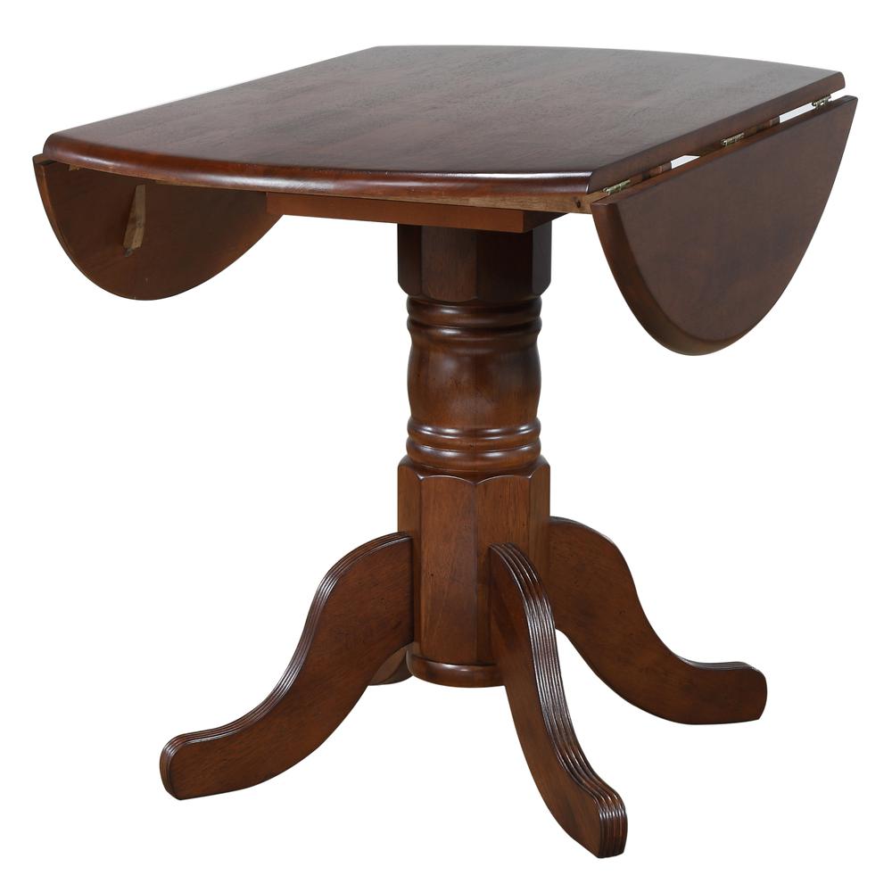 Andrews 3-Piece Round Wood Top Distressed Chestnut Brown Dining Set with Drop Leaf. Picture 4