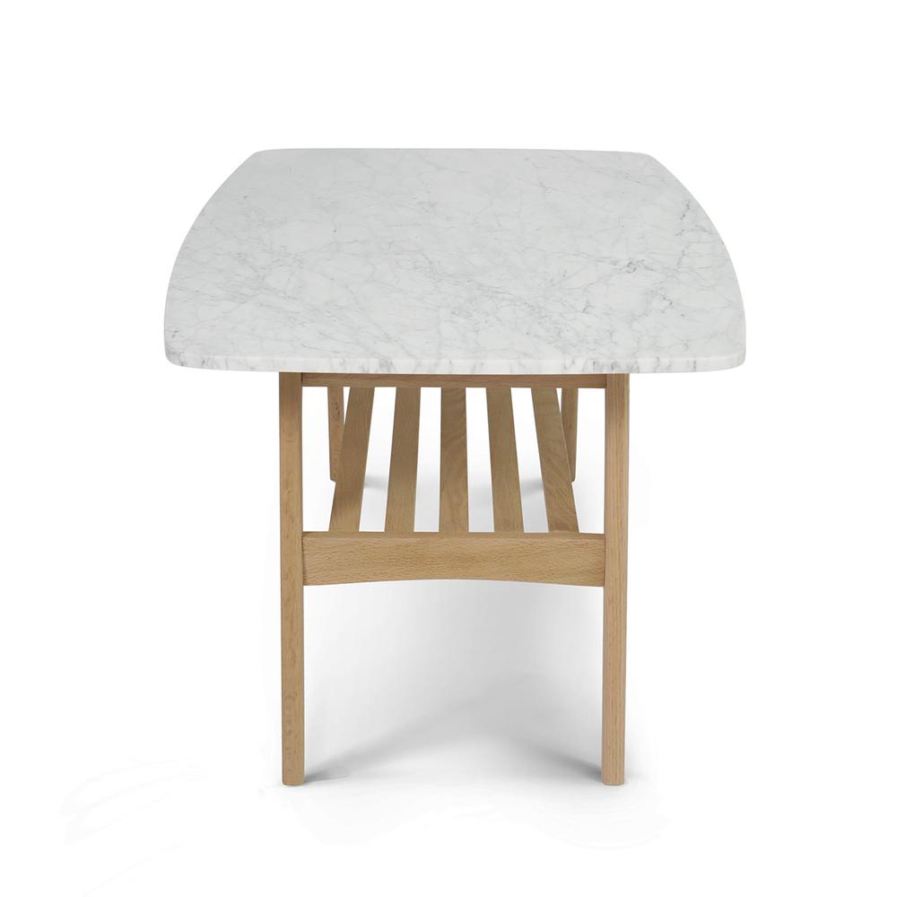 Laura 43" Rectangular Italian Carrara White Marble Coffee Table with Oak Shelf. Picture 3