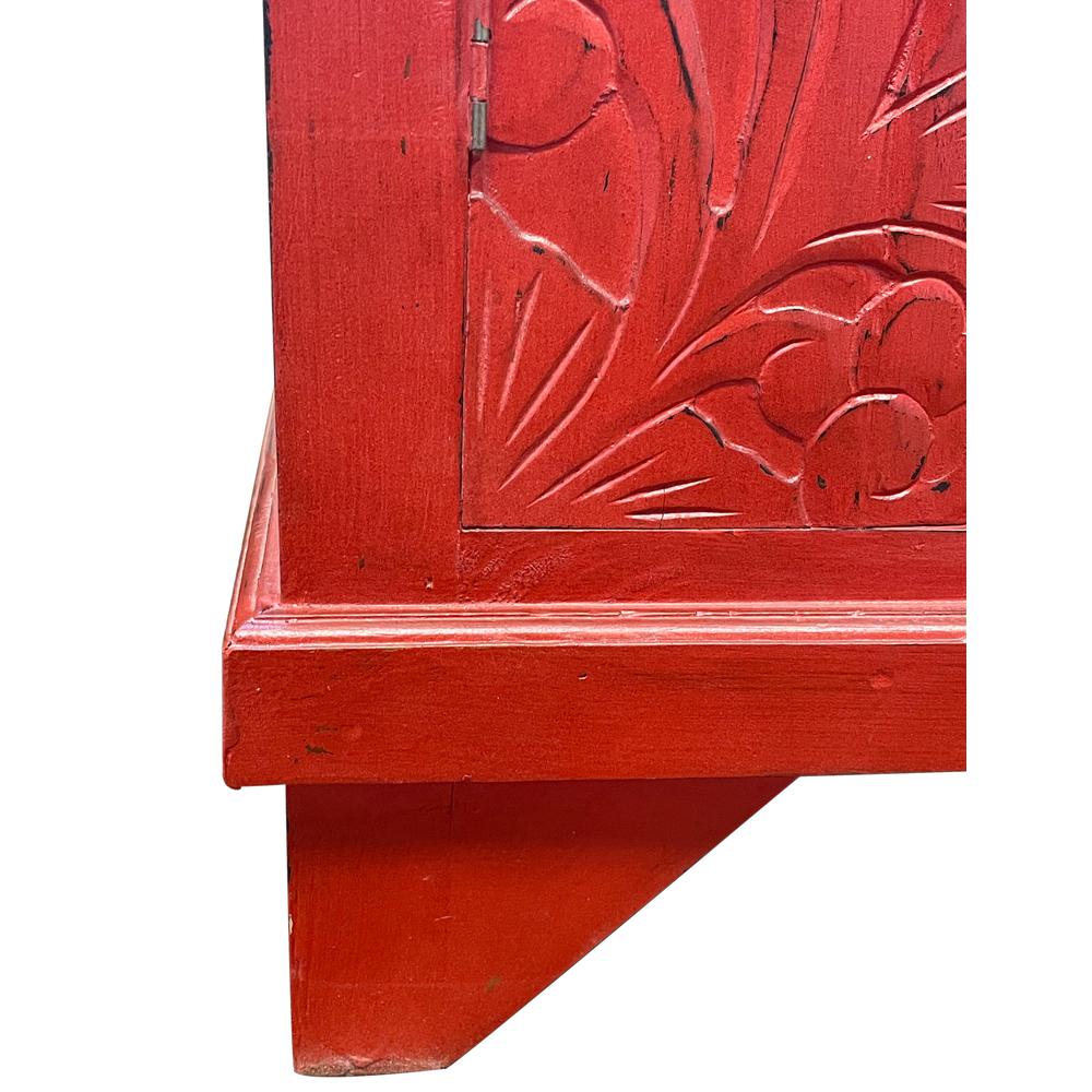 Shabby Chic Cottage Distressed Red Wood Carved Accent Cabinet. Picture 6