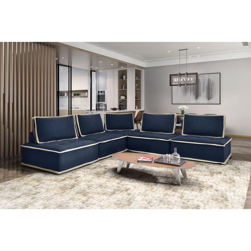 Pixie Navy Blue and Cream Fabric Modular Sectional Seating Armless Accent Chair. Picture 7