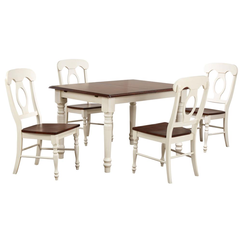 Andrews 5-Piece Solid Wood Top Distressed Antique White with Chestnut Brown Dining Table Set with Extendable Butterfly and Napoleon Chairs. Picture 1