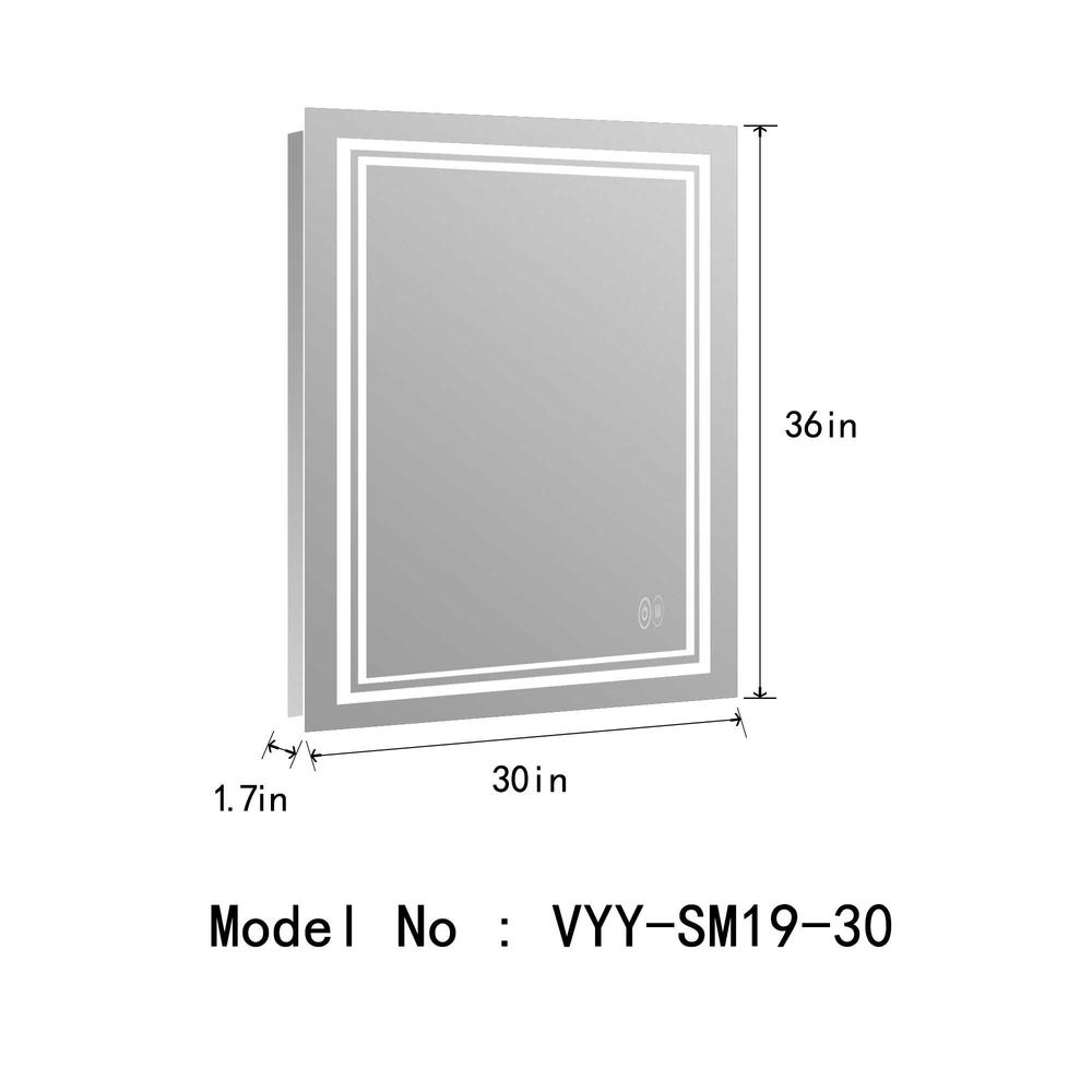 30 in. W x 36 in. H Rectangular Frameless Anti-Fog Wall Bathroom LED Vanity Mirror in Silver. Picture 2