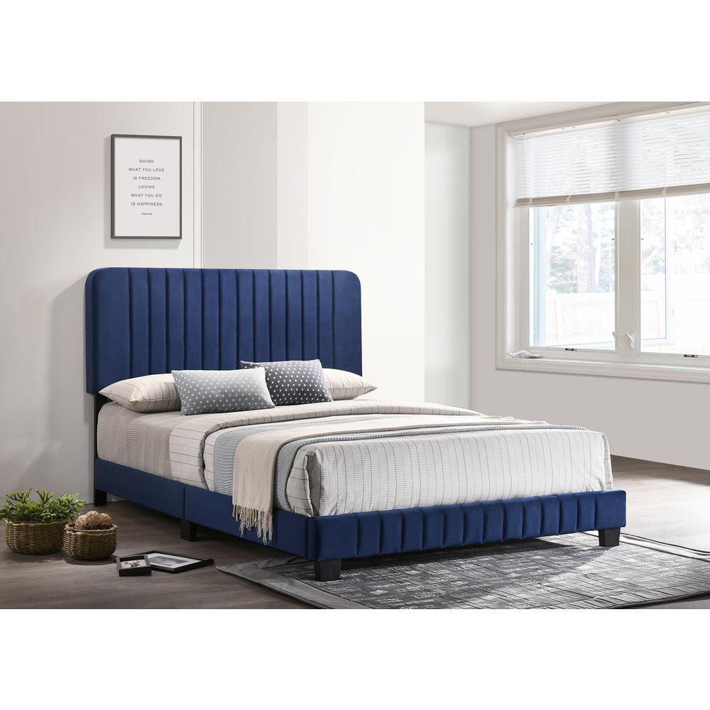 Lodi Navy Blue Velvet Upholstered Channel Tufted King Panel Bed. Picture 5