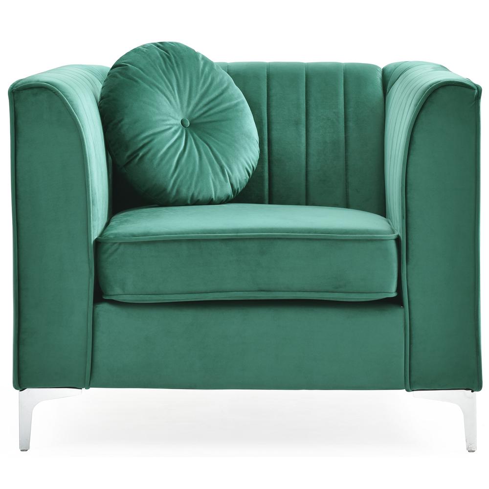 Delray Green Vertical Channel Quilted Accent Chair with Round Throw Pillow. Picture 1