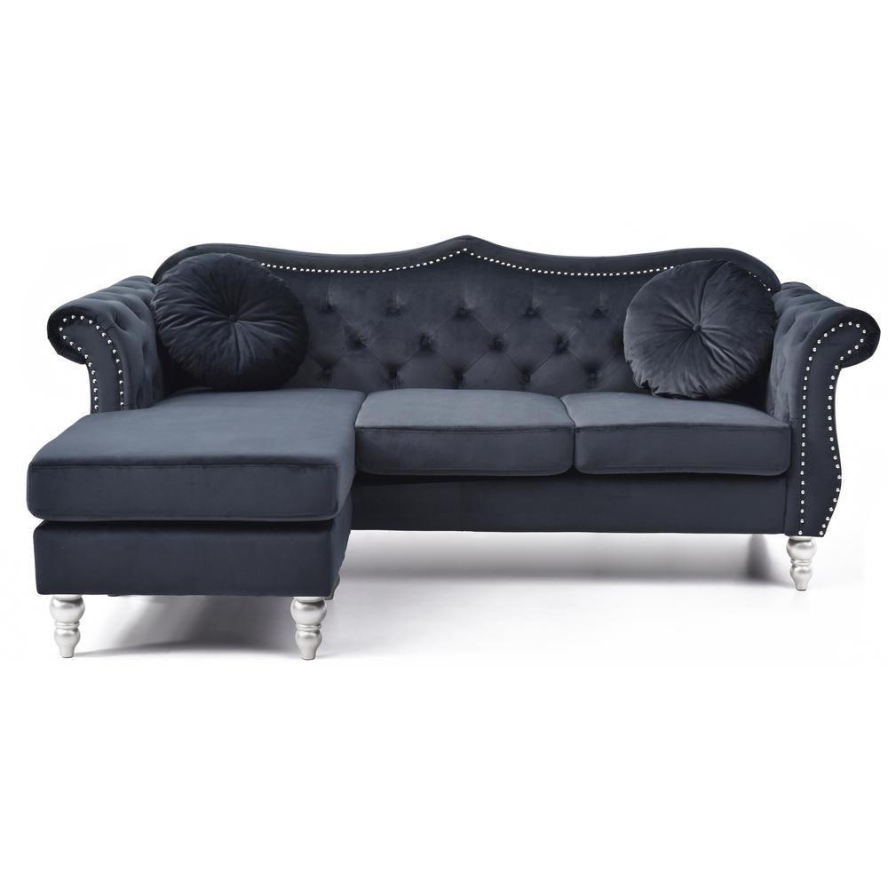Hollywood 81 in. Black Velvet Chesterfield Sectional Sofa with 2-Throw Pillow. Picture 2