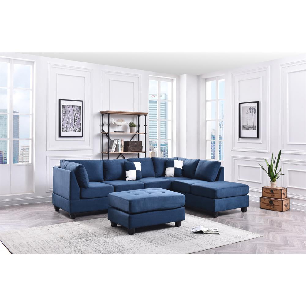 Malone 111 in. Navy Blue Suede 4-Seater Sectional Sofa with 2-Throw Pillow. Picture 4