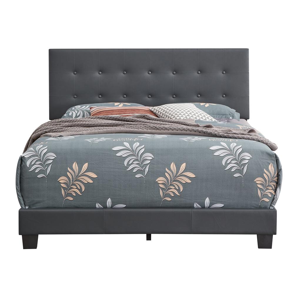 Caldwell Dark Grey Faux Leather Button Tufted Queen Panel Bed. Picture 1