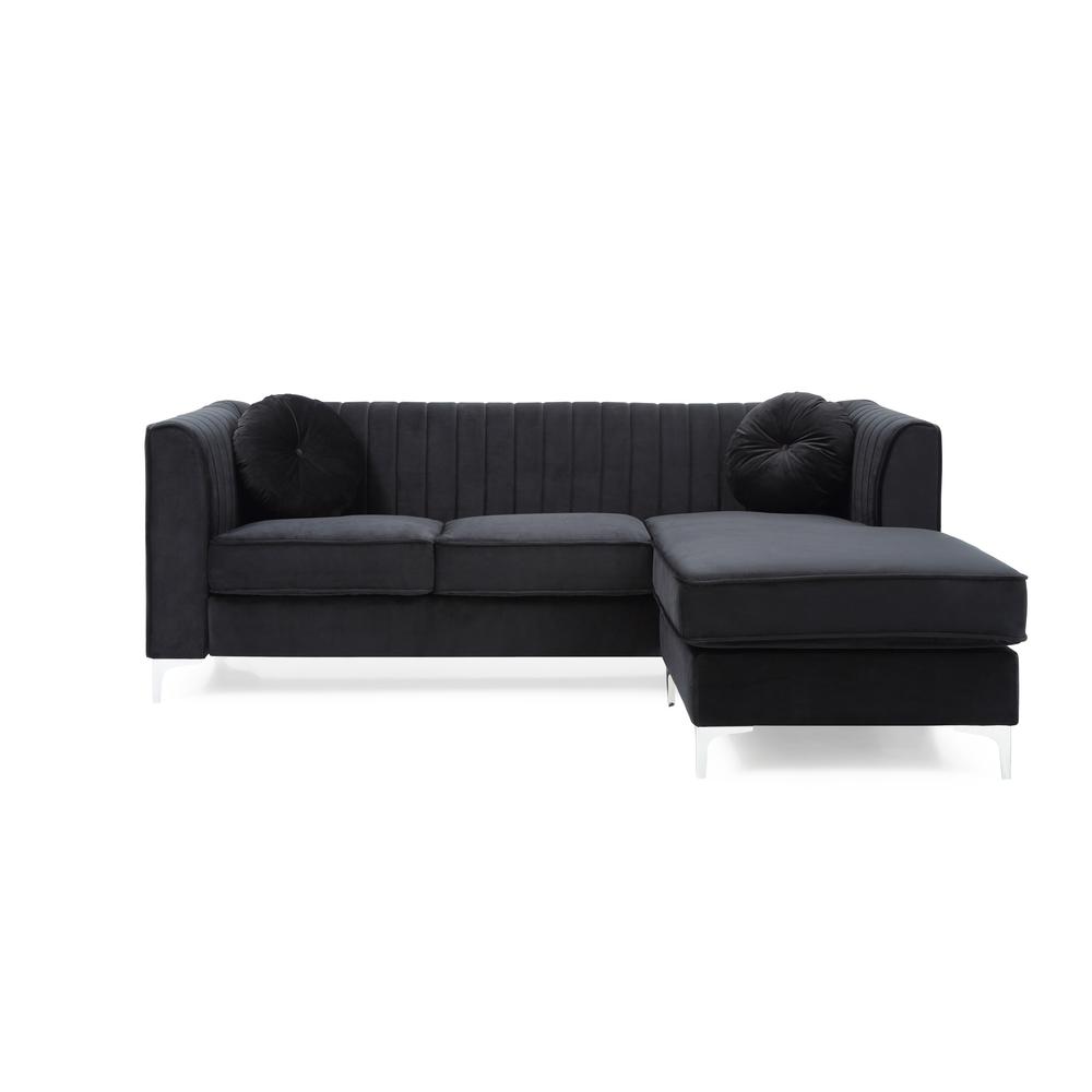 Delray 87 in. Black Velvet L-Shape 3-Seater Sectional Sofa with 2-Throw Pillow. Picture 2