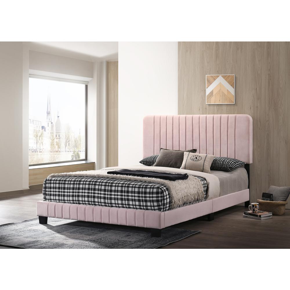 Lodi Pink Velvet Upholstered Channel Tufted Queen Panel Bed. Picture 5