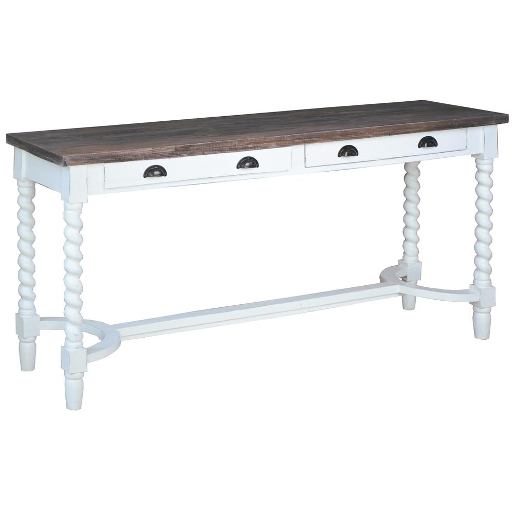 Shabby Chic Cottage 64 in. White and Raftwood Brown Rectangular Solid Wood Console Table. Picture 2