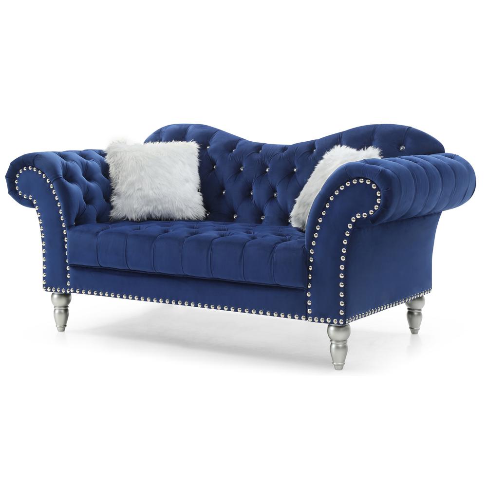 Wilshire 75 in. Blue Velvet 3-Seater Sofa with 2-Throw Pillow. Picture 1